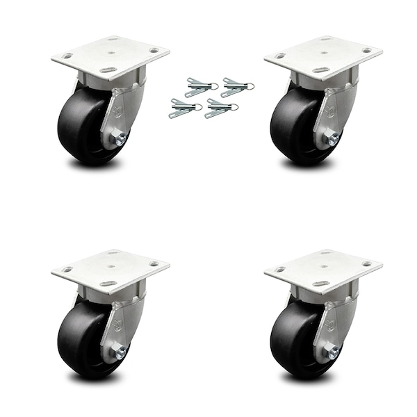 4 Inch Kingpinless Glass Filled Nylon Wheel Swivel Caster Set with Swivel Locks